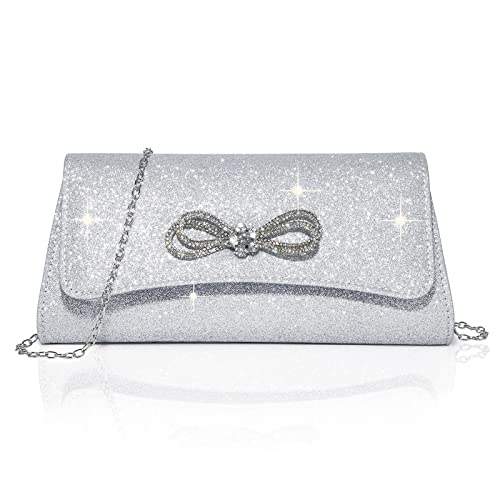 Labair Damen-Abendtasche, glitzernde Schleife, Clutch, Hochzeit, Abschlussball, formelle Geldbörsen, Handtaschen., silber, Small von Labair