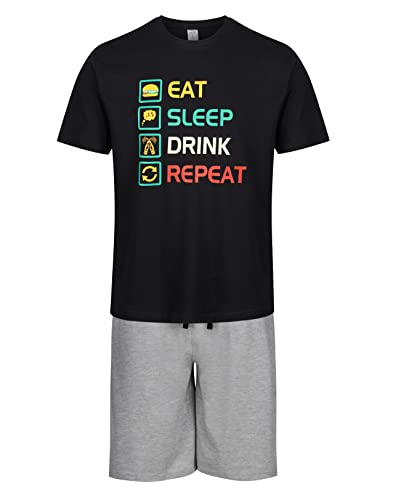 Label Cutters Kurzer Herren-Schlafanzug, lustiges Design, 2-teiliges Set, Größe M, L, XL, XXL, Schwarz – Eat Sleep Drink Repeat, XL von Label Cutters