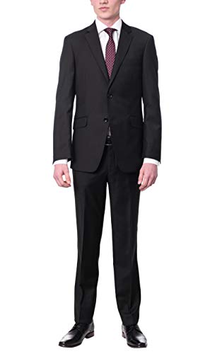 Label M Herren-Anzug, extra schmale Passform, einfarbig, zwei Knöpfe, 100 % Wolle, 2-teilig, Schwarz, 48 von Label M