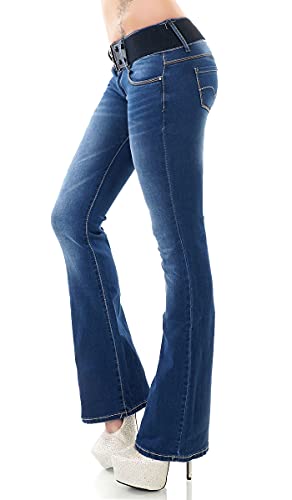 Label by Trendstylez Damen Bootcut Stretch Jeans Schlag Hose inkl .Gürtel Blue Washed WT367 Größe 34 von Label by Trendstylez