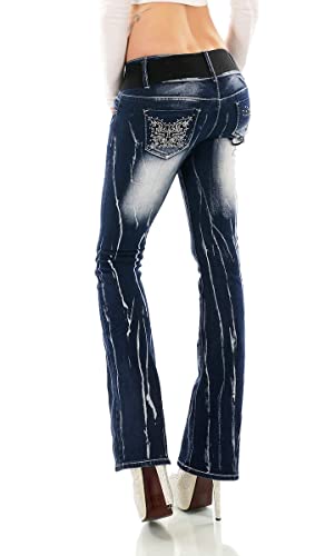 Label by Trendstylez Damen Bootcut Stretch Tribal Stickerei Schlag Jeans Bleach Blue Acid C303s Größe 34, 27858428, 34 Slim von Label by Trendstylez