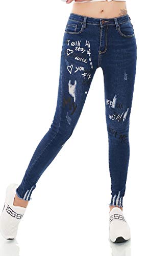 Label by Trendstylez Damen Frayed Vintage Skinny Jeans Risse Schrift fransiger Abschluss Dark Blue 95028 Größe 36 von Label by Trendstylez