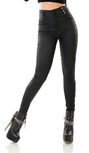 Label by Trendstylez Damen High Waist Wetlook Kunstleder Stretch Tregging Hose schwarz H9966 Größe 40 von Label by Trendstylez