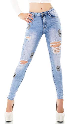 Label by Trendstylez Damen Röhrenjeans mit Glitzer-Skulls Light Blue E2693 Größe 42 von Label by Trendstylez