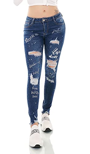 Label by Trendstylez Damen Slim Fit High Waist Vintage Röhren Jeans Schrift Bedruckt Blue Washed J1385-4 Größe 40 von Label by Trendstylez