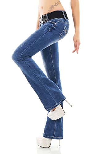 Label by Trendstylez Damen Slim Fit Stretch Bootcut Schlag Jeans Hose inkl. Gürtel Blue Washed WT360 Größe 34 von Label by Trendstylez