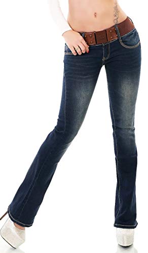 Label by Trendstylez Damen Stretch Bootcut Schlag Jeans Hose inkl. Gürtel Dark Blue WT365 Größe 42 von Label by Trendstylez
