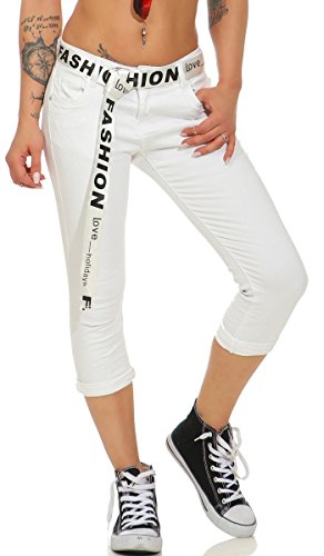 Label by Trendstylez Moderne Damen Crash-Capri Jeans Hose auffälligem Stoffgürtel Sommerhose weiß C9903-1 Größe L von Label by Trendstylez