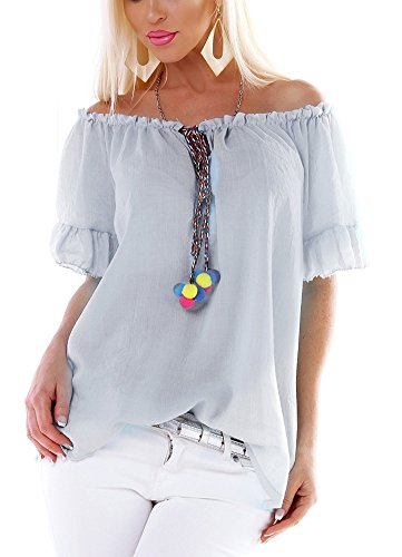 Luftig leichtes Damen Carmen-Shirt mit Volant-Borde und Binebändchen 34 36 38 Stone CT411 von Label by Trendstylez