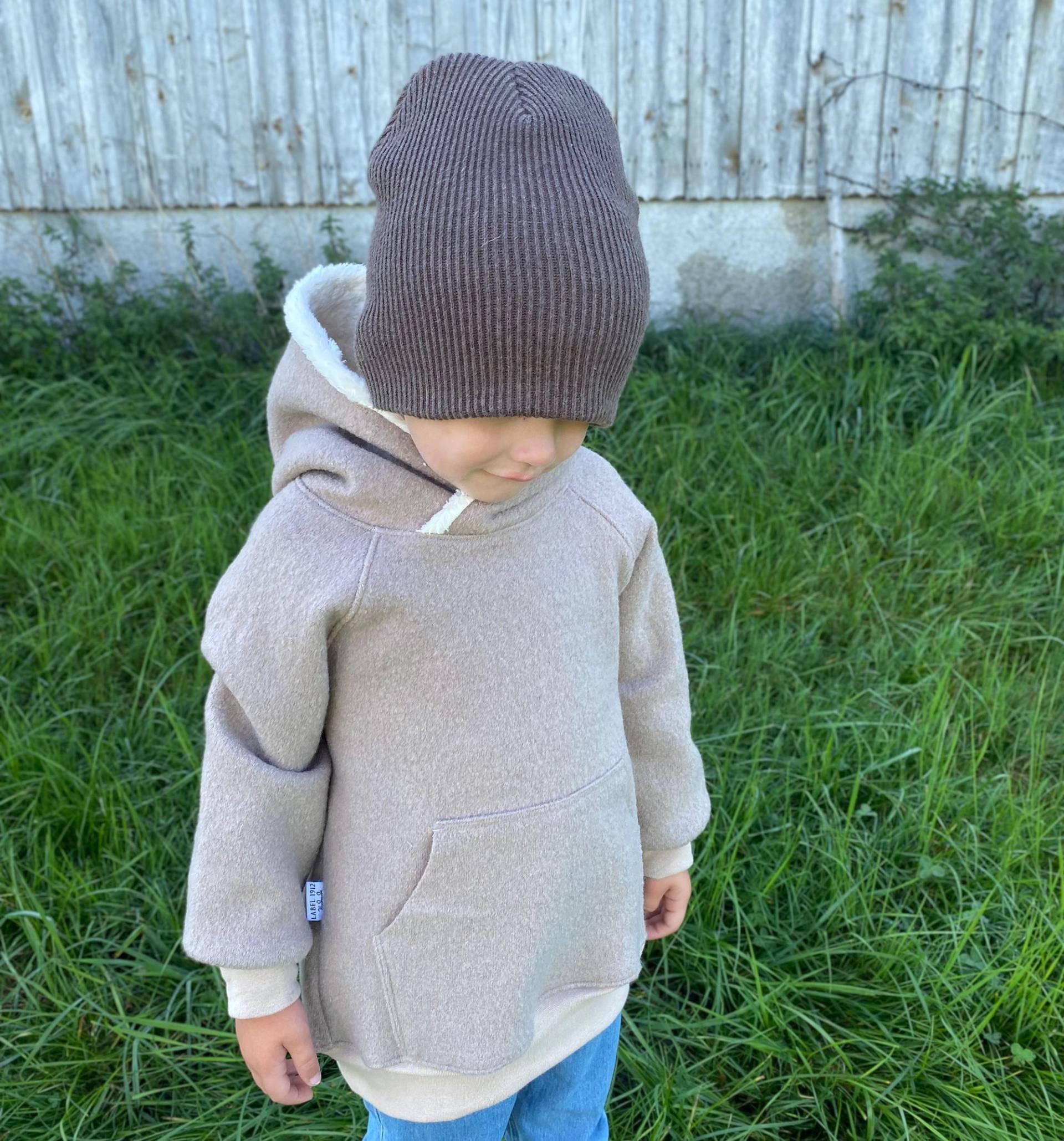 Wollwalk Hoodie in Beige 74/80 -122/128 - Walk Überwurf Pullover Als Jacken Ersatz Gefütterte Kapuze Oder Komplett Gefüttert von Label1912