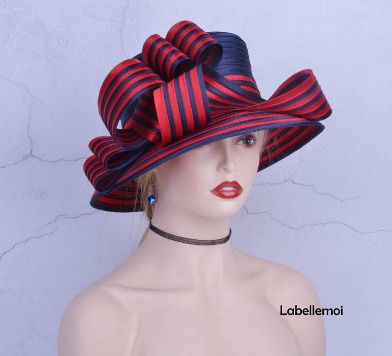 Navy & Rot Gestreifter Satin Derby Hut Royal Ascot Hochzeitshut von LabellemoiDesign