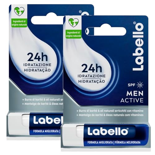 Labello Active for Men Lippenbalsam Feuchtigkeitsspendend Burrocacao Sonnenschutz SPF 15 Farblos mit natürlichen Ölen - 2 Sticks von Labello
