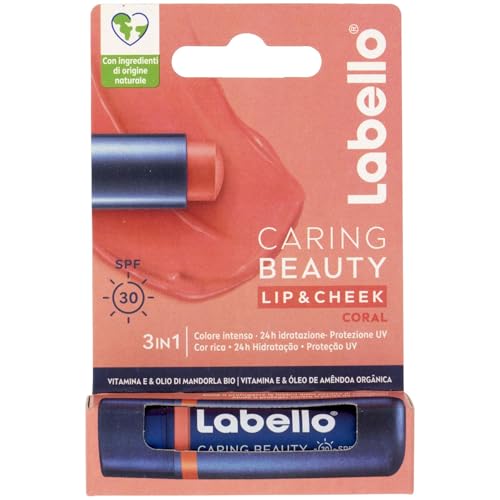Labello Caring Beauty Lip & Cheek Coral 4.8g Lippenpflegestift und Wangen mit einer Note von Koralle, getönter Lippenbalsam und Blush Stick 2 in 1, Lip Balm von Labello
