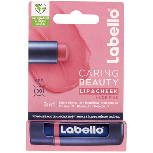 Labello Caring Beauty Lip & Cheek Nude Pink 4.8g Lippen- und Wangenstift mit einer rosafarbenen Note, getönter Lippenbalsam und Blush Stick 2in1, feuchtigkeitsspendender Lip Balm mit LSF 30 Schutz von Labello
