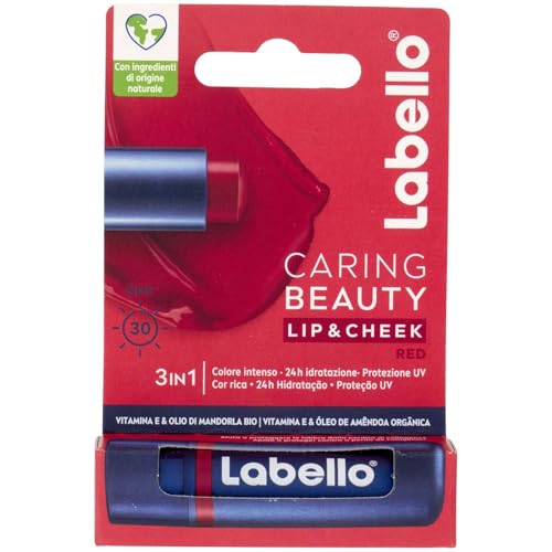Labello Caring Beauty Lip & Cheek Red 4.8g Lippen- und Wangen-Lippenbalsam mit einer roten Note, getönter Lippenbalsam und Blush Stick 2 in 1, feuchtigkeitsspendender Lip Balm mit LSF 30 Schutz von Labello