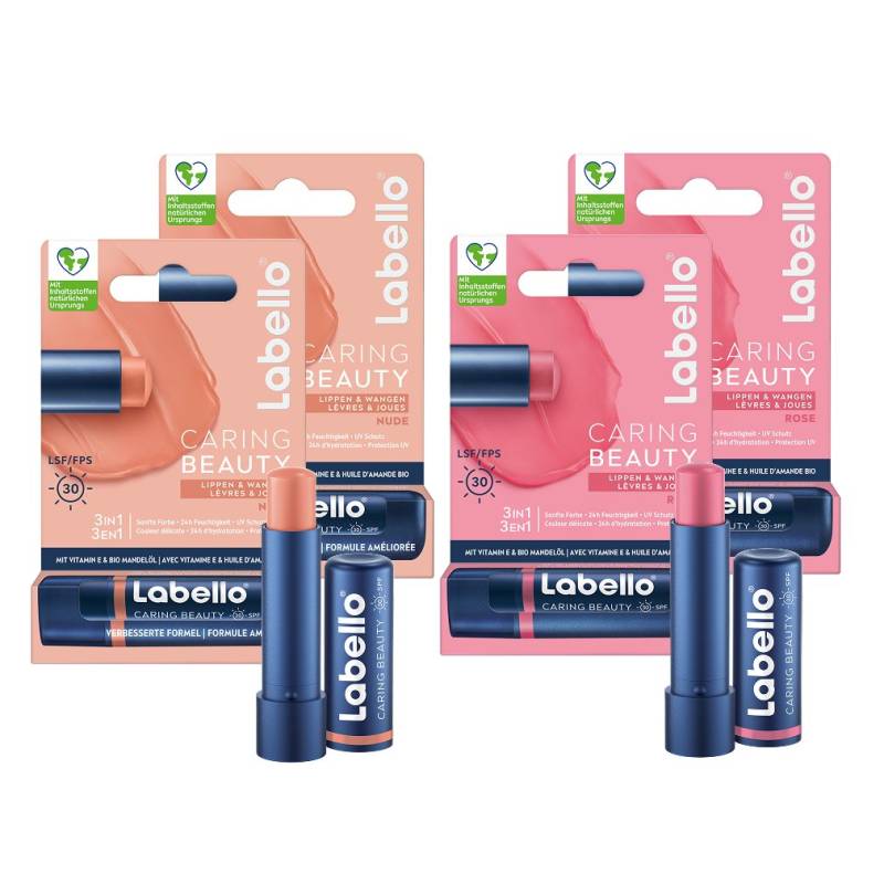Labello Lippenpflegestift Lippenpflege Set CARING BEAUTY 2x NUDE + 2x ROSE, 4-tlg. von Labello