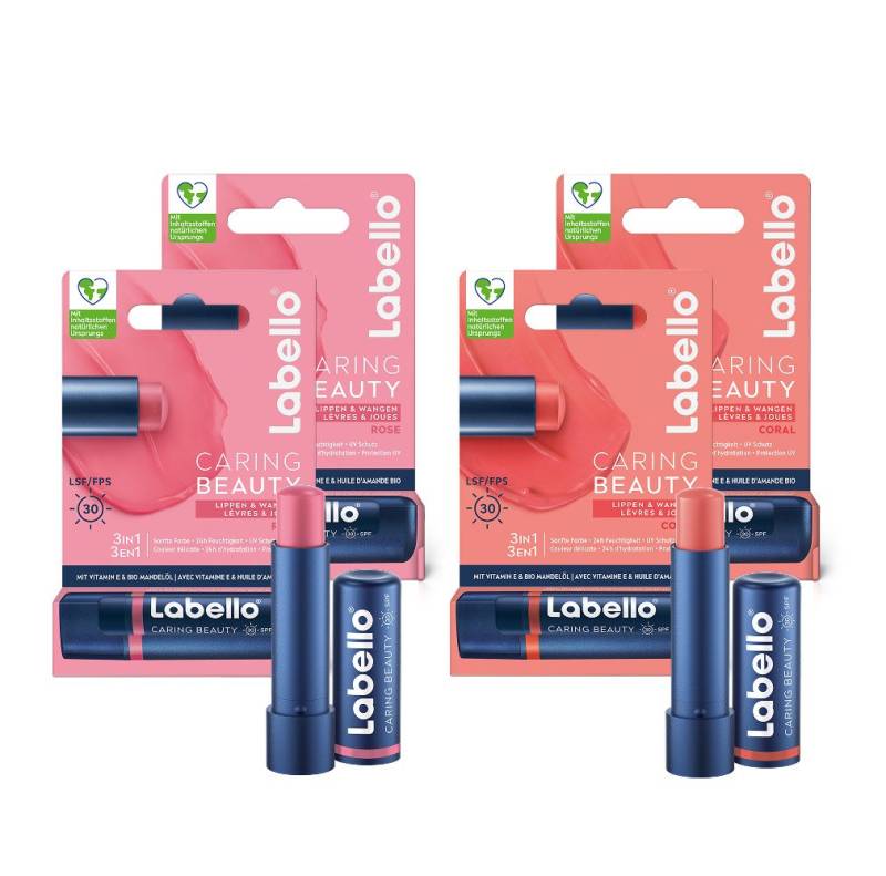 Labello Lippenpflegestift Lippenpflege Set CARING BEAUTY 2x ROSE + 2x CORAL, 4-tlg. von Labello