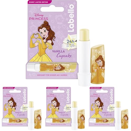 Labello Vanilla Cupcake Limited Disney Princess Edition, duftender Lippenpflegestift mit süßem Vanillearoma, pflegender Lippenbalsam für Kinder ab 3 Jahren (4,8 g) (Packung mit 4) von Labello