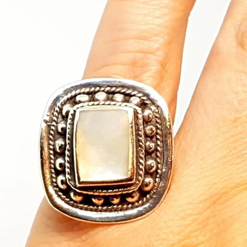 Perlmuttring, Großer Ring, 925 Silber Und Perlmuttring. Circa 1990. 7 1/2 Usa. Antik & Vintage Schmuck von Labizarresusu