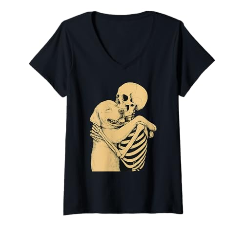 Damen Skelett umarmt Labrador Dog Halloween T-Shirt mit V-Ausschnitt Damen Skelett umarmt Labrador Dog Halloween T-Shirt mit V-Ausschnitt von Labor Mama Chaosy Bun Life Hair Brille