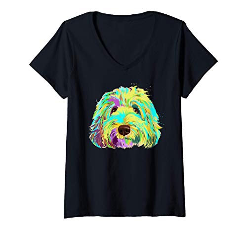 Damen Bunter Hund Labradoodle T-Shirt mit V-Ausschnitt Damen Bunter Hund Labradoodle T-Shirt mit V-Ausschnitt von Labradoodle Geschenke