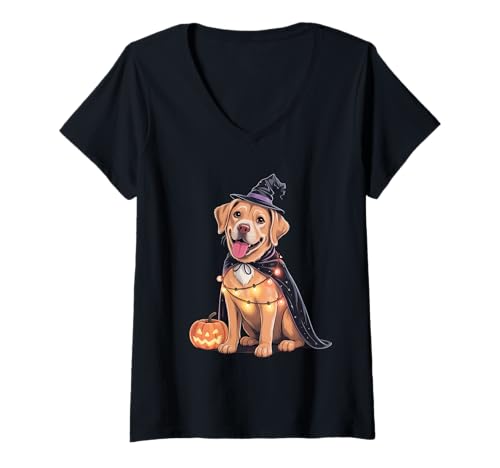 Damen Labrador Hund Halloween Hexe T-Shirt mit V-Ausschnitt Damen Labrador Hund Halloween Hexe T-Shirt mit V-Ausschnitt von Labrador Dog Co