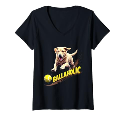 Damen Lustiger Ballaholic Labrador Hund Jagd Laborball T-Shirt mit V-Ausschnitt Damen Lustiger Ballaholic Labrador Hund Jagd Laborball T-Shirt mit V-Ausschnitt von Labrador Fun Designs