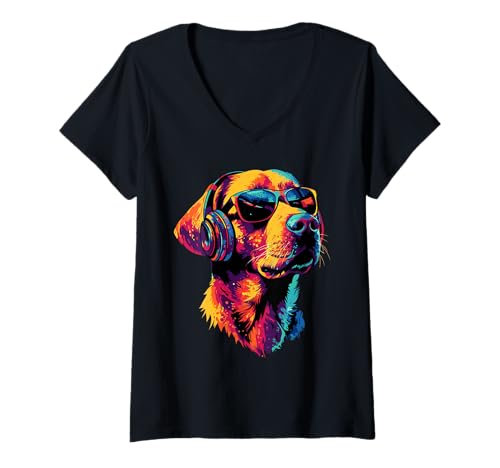 Damen Labrador Retriever mit Sonnenbrille Hund Liebe Labradore T-Shirt mit V-Ausschnitt Damen Labrador Retriever mit Sonnenbrille Hund Liebe Labradore T-Shirt mit V-Ausschnitt von Labrador Liebhaber Motiv für Frauchen & Herrchen