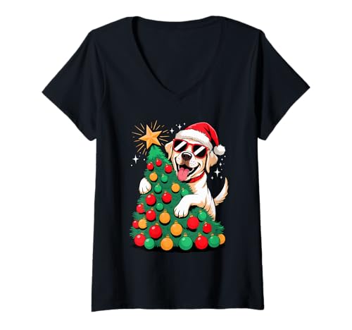 Damen Christmas Tree Labrador Retriever Sunglasses T-Shirt mit V-Ausschnitt Damen Christmas Tree Labrador Retriever Sunglasses T-Shirt mit V-Ausschnitt von Labrador Retriever Dog Lover Gifts