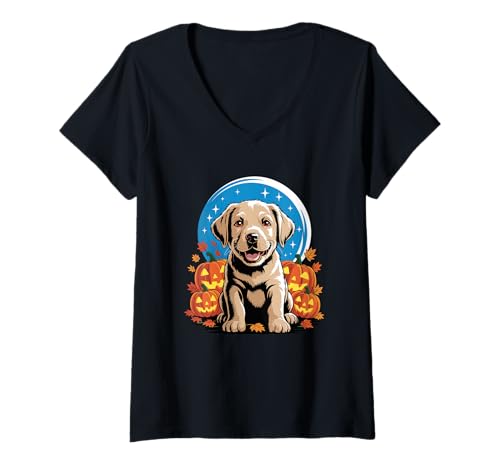 Damen Halloween Labrador Retriever Kürbis T-Shirt mit V-Ausschnitt Damen Halloween Labrador Retriever Kürbis T-Shirt mit V-Ausschnitt von Labrador Retriever Dog Lover Gifts