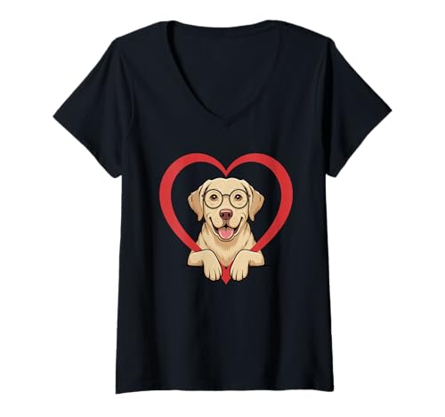 Damen Heart Labrador Retriever Glasses T-Shirt mit V-Ausschnitt Damen Heart Labrador Retriever Glasses T-Shirt mit V-Ausschnitt von Labrador Retriever Dog Lover Gifts