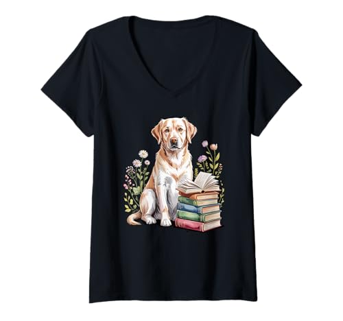 Damen Labrador Retriever Lab Bookworm Flowers Book Reading Books T-Shirt mit V-Ausschnitt Damen Labrador Retriever Lab Bookworm Flowers Book Reading Books T-Shirt mit V-Ausschnitt von Labrador Retriever Dog Lover Gifts
