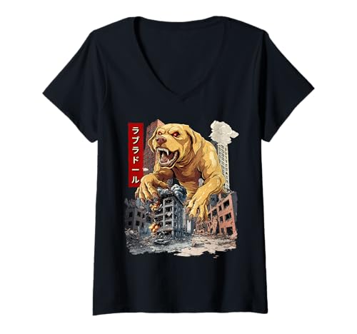 Damen Lustiger Labrador Retriever Labor Hund Kaiju Monster Japanisch T-Shirt mit V-Ausschnitt Damen Lustiger Labrador Retriever Labor Hund Kaiju Monster Japanisch T-Shirt mit V-Ausschnitt von Labrador Retriever Kaiju Monster Clothing