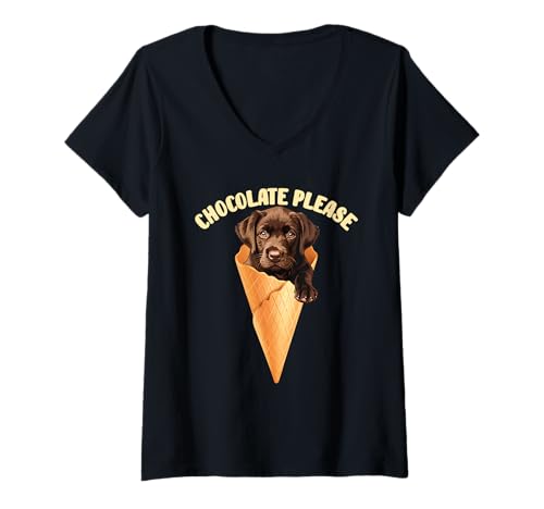 Damen Brauner Labrador CHOCOLATE PLEASE Eiscreme Labrador Hund T-Shirt mit V-Ausschnitt von Labrador Shirt Geschenk Lustig Labrador Besitzer
