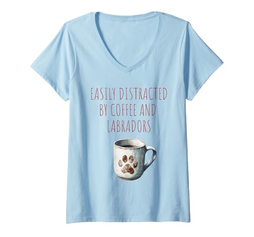 Damen Easily Distracted by Coffee and Labradors T-Shirt mit V-Ausschnitt von Labrador Wear