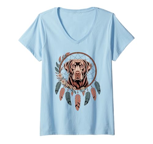 Damen Chocolate Labrador Boho T-Shirt mit V-Ausschnitt von Labs of Love
