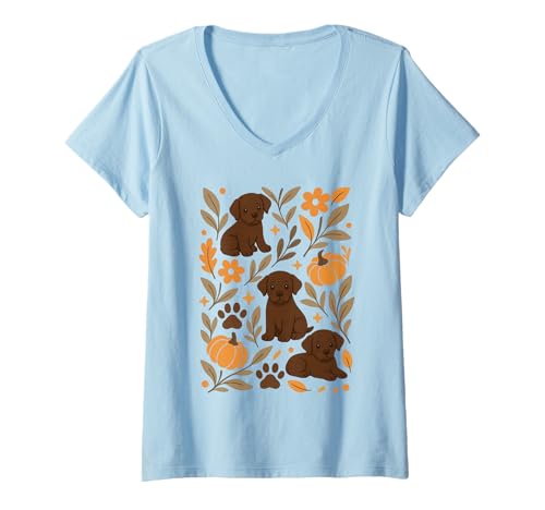 Damen Chocolate Labrador Puppy Boho Fall T-Shirt mit V-Ausschnitt von Labs of Love