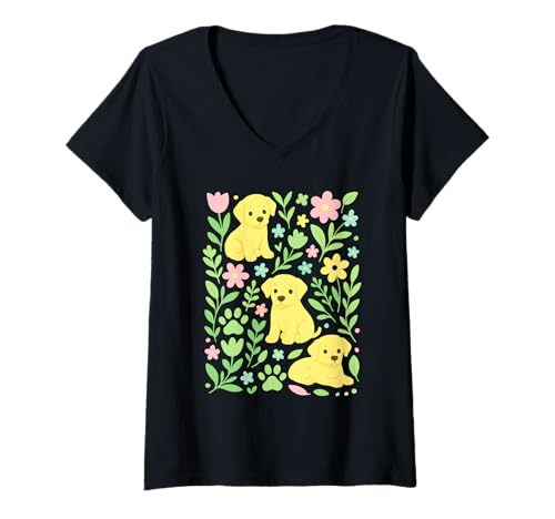 Damen Yellow Labrador Boho Spring Flowers T-Shirt mit V-Ausschnitt von Labs of Love
