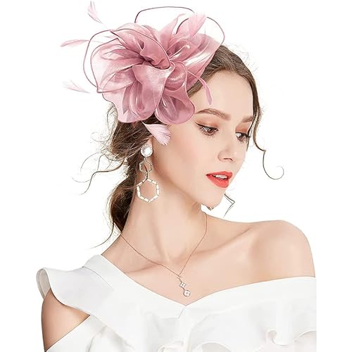 Fascinator Hut Blume Mesh Federn Haarschmuck Haar Clip Stirnband Tea Party Hochzeit Kopfbedeckung Headwear für Damen Mädchen Kopfschmuck Stirnband Zubehör für Kirche Hochzeit Cocktail (Pink) von Labstandard