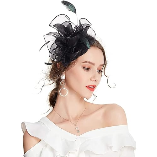 Fascinator Hut Blume Mesh Federn Haarschmuck Haar Clip Stirnband Tea Party Hochzeit Kopfbedeckung Headwear für Damen Mädchen Kopfschmuck Stirnband Zubehör für Kirche Hochzeit Cocktail (Schwarz) von Labstandard