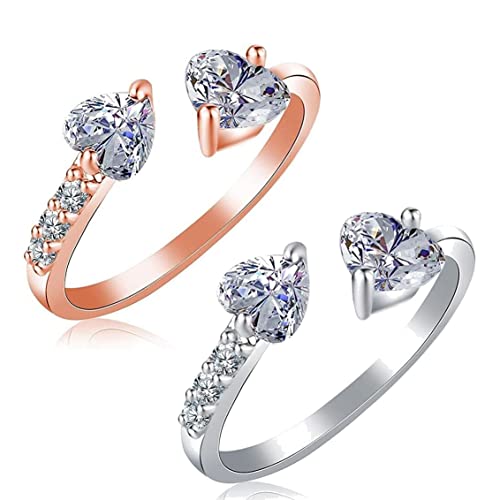 Labstandard 2 Stück Kanni-Plus Chalzedon Ioni Ring, Kanni Chalcedon Ioni Ring, Doppelherzen Offener Verstellbarer Ring, Kristall-Quarz-Ionix-Ring,Quarz-Kristall-Ring für Frauen (Silber+Roségold) von Labstandard