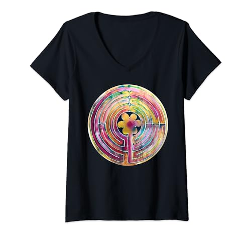 Damen Aquarell Labyrinth Chartres Kathedrale Labyrinth Labyrinth T-Shirt mit V-Ausschnitt von Labyrinth Maze Designs