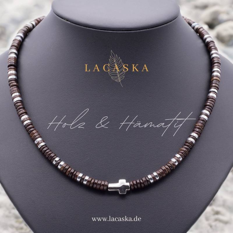 Herren Holzkette Aus Kokosnuss Scheiben Und Hämatit - Handgefertigter Holzschmuck, Perlenkette Mann, Männerschmuck von Lacaska