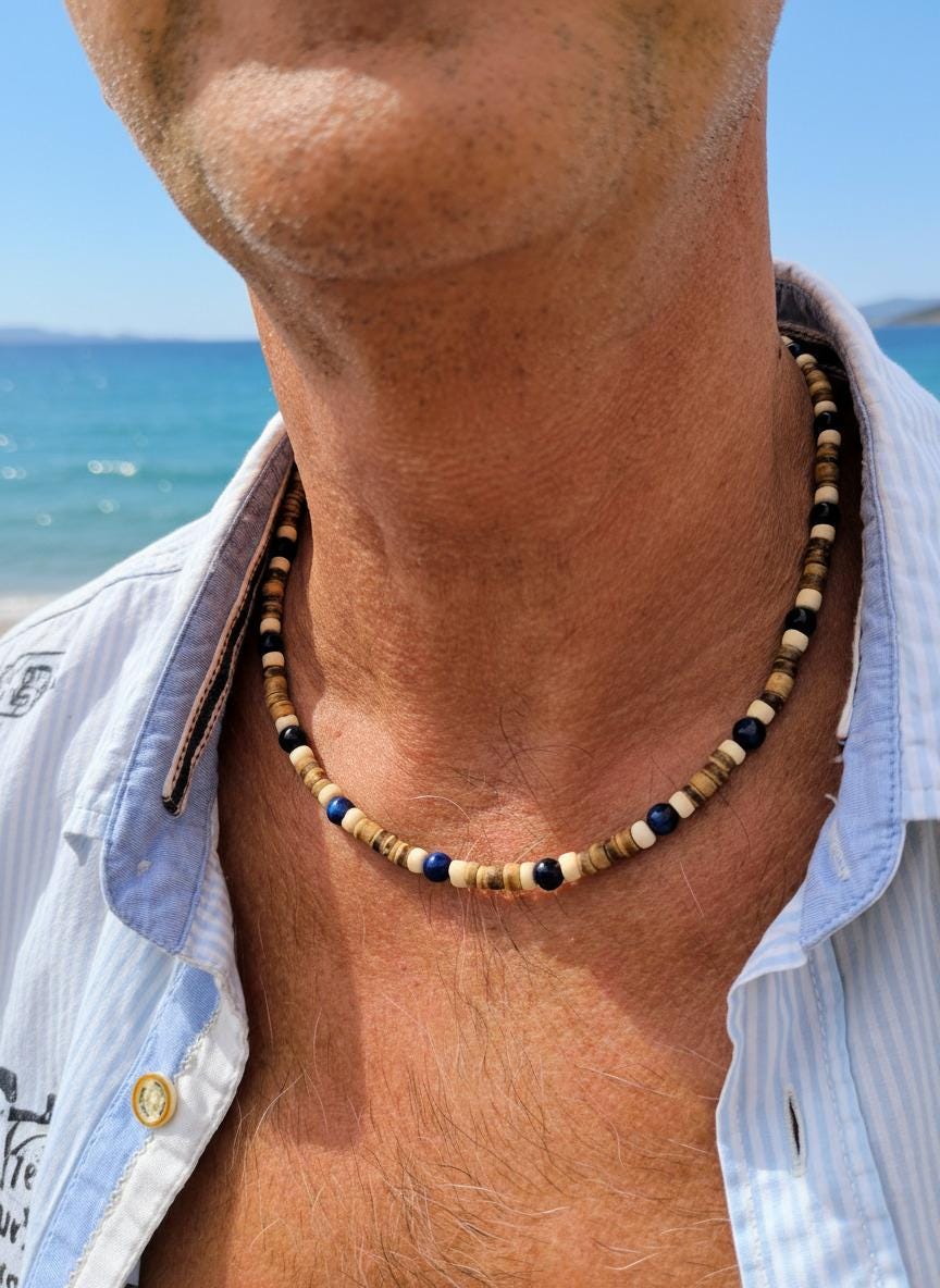 Herrenkette Im Surferstyle, Handgemachter Holzschmuck Boho-stil, Holzschmuck, Herren Kette, Geschenk, Achat, 2 Größen, Surferkette von Lacaska