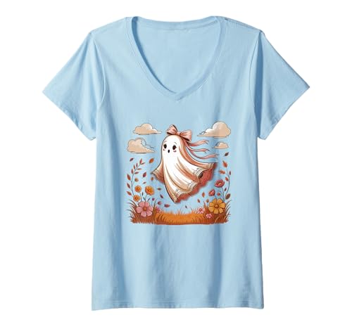 Damen Spitze Ghose Floral Cute Coquette Bow Halloween Girly Ghost T-Shirt mit V-Ausschnitt von Lace Ghose Floral Cute Coquette Bow Halloween