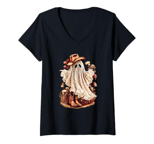 Damen Western-Halloween-Cowgirl Country-Cowboy mit Geistermotiv T-Shirt mit V-Ausschnitt von Lace Ghost Cowgirl Halloween Floral Western