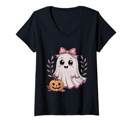 Damen Spitze Geist Halloween Kokette Schleife Kürbis Vintage Frauen Mädchen T-Shirt mit V-Ausschnitt von Lace Ghost Halloween Coquette Bow Pumpkin