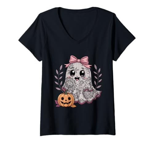 Damen Spitze Geist Frauen Mädchen Halloween Kokette Schleife Kürbis Vintage T-Shirt mit V-Ausschnitt von Lace Ghost Women Girl Halloween Coquette