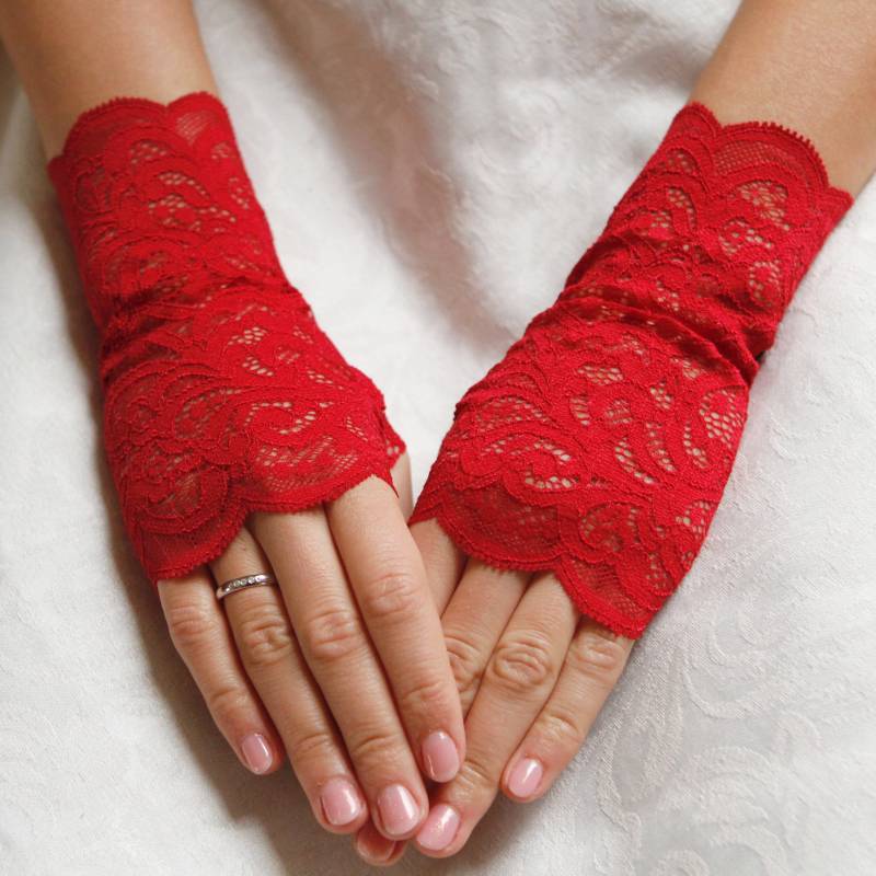 Rote Fingerlose Spitzenhandschuhe, Braut-Accessoire von LaceDesignCrafts