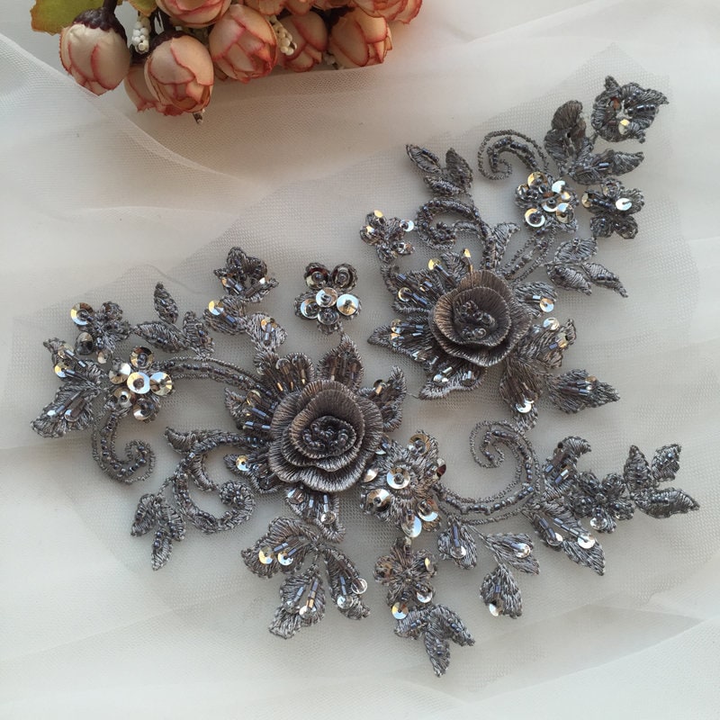 Dunkelgraues 3D Blumen Motiv Mieder, Schwere Perlen Spitzen Applikation Mit Strassstein, Blumenmotiv Mieder Gestickte Dunkelgraues 3D Blumen Motiv Mieder, Schwere Perlen Spitzen Applikation Mit Strassstein, Blumenmotiv Mieder Gestickte von LaceFun